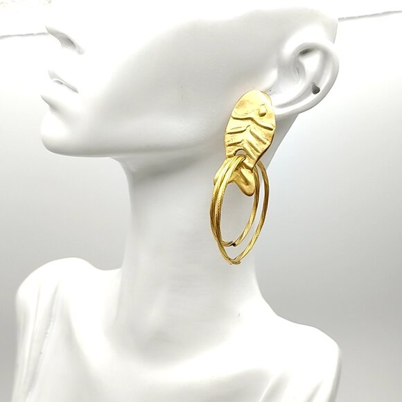 Vintage Norma Jean Matte Gold Fish Hoop Earrings Unique Double Hoop Dangle - Picture 5 of 10